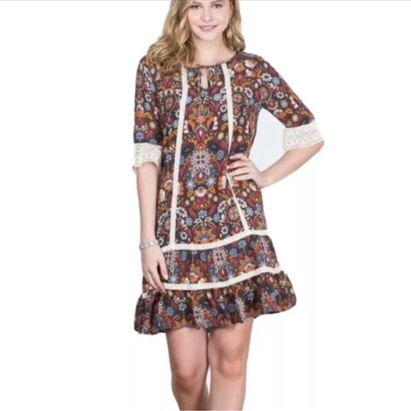 Matilda Jane floral lace trim bohemian dress M/L - Picture 2 of 9